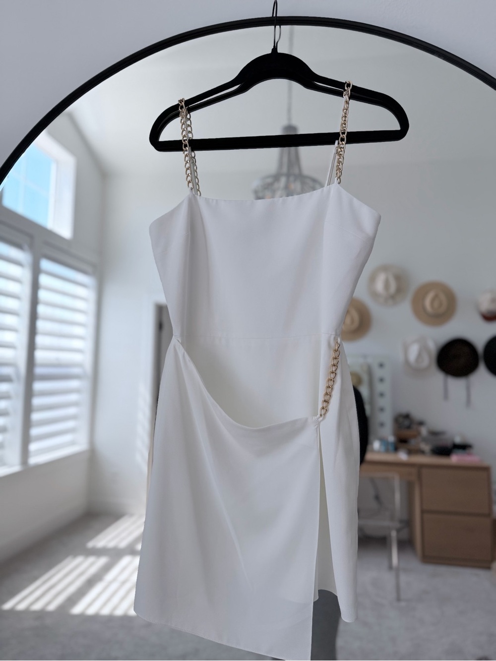 Amanda Uprichard Stilla White Mini Dress with Gold Chain Straps